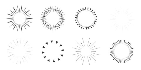Sticker - Set Fireworks, rays, sunburst frames circle border decoration, sparkle in doodle style, line sketch explosion isolated on white background.