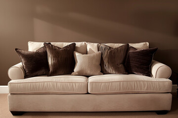 Wall Mural - Beige Couch with Brown Pillows Against a Brown Wall