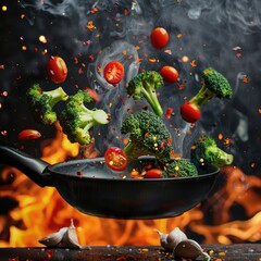 Wall Mural - Broccoli, tomatoes, and garlic in mid-air above a frying pan with flames and smoke, dynamic culinary display, dark background, concept of cooking passion.