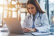 © Dzikrul Husnani - Female doctor writes notes while watching an online medical webinar or training seminar while sitting with a laptop in the workplace. Positive doctor does his best to provide quality medical care, ai