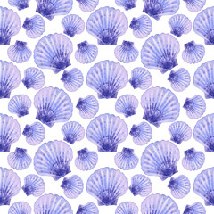 Naklejka na meble Marine seamless pattern animals, blue seashell, mollusk, shells. Watercolor illustration underwater background On white. Summer vibes. For fabric, wrapping paper, wallpaper print decor. Sea bottom.