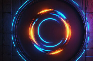 Wall Mural - A fantastic landscape with a neon circle. Dark background.