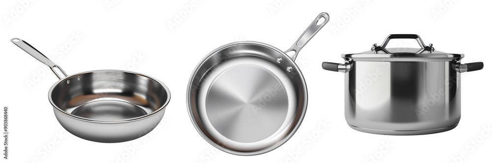 Metal saucepan with lid and frying pan of different shapes, a set of ...