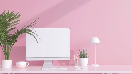 Sticker - A minimalist workspace with a computer monitor on a desk, against a pink wall.