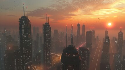 Poster - A futuristic city skyline at sunset with a hazy atmosphere.