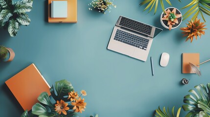 Sticker - A flat lay of a workspace with a laptop, a notebook, pens, and plants on a blue background.