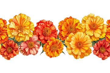 Wall Mural - Orange and red marigold flowers isolated on transparent background. Chinese mid autumn festival or toran Indian traditional Diwali decoration. Symbol of mexican holiday Day of dead