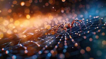 Spider Weaving Web with Glowing Lights in Background