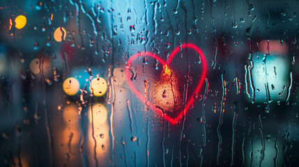 Wall Mural - A heart shape drawn in the middle of a rain-streaked window, on a foggy rainy day, love background