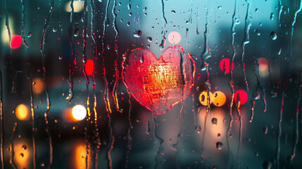 Wall Mural - A heart shape drawn in the middle of a rain-streaked window, on a foggy rainy day, love background