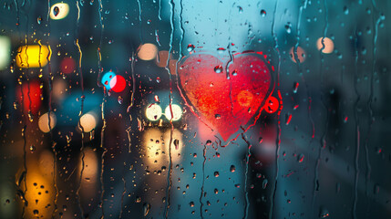 Wall Mural - A heart shape drawn in the middle of a rain-streaked window, on a foggy rainy day, love background