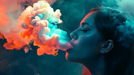 Wall Mural - Mysterious woman exhaling colorful smoke in moody atmosphere