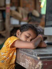 A little girl resting next to a computer, perfect for illustrations about learning, technology, or childhood