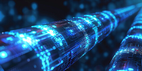 a long digital pipeline shaped by vibrant glowing blue matrix binary code