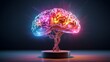 © New Arty - colorful glowing human brain tree with dark copy space background. generated ai