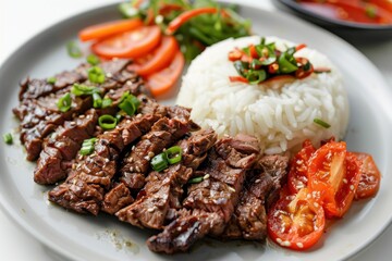 Sliced grilled beef steak served with rice and vegetables