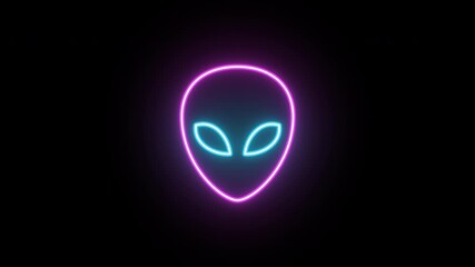 Wall Mural - Neon alien head, color shift animation. Glowing neon ufo alien icon, looped color animation. Space alien face, extraterrestrial, martian emoji, humanoid, space stranger. Blue, magenta color