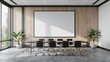 © Pattanapan - Conference room Office meeting room presentation style Minimalist design sized Large Room Empty big screen Frame Mockup black chair wood wall background Warm mood