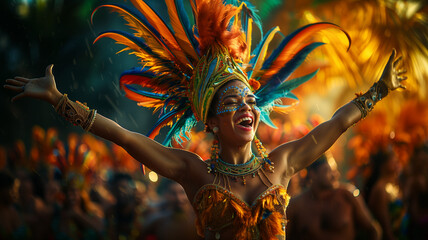 Wall Mural - An ecstatic samba dancer in a flamboyantly feathered costume jubilantly celebrates Brazils Independence Day amidst a sea of revelers