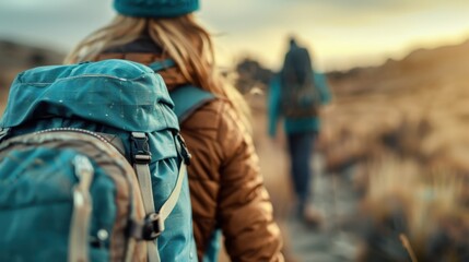 Two hikers make their way through a broad, scenic landscape at sunset, wearing hiking gear and backpacks, representing adventure and exploration in nature.