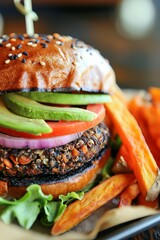 Wall Mural - A homemade vegan burger with a sesame seed bun, topped with fresh vegetables for a delicious meal