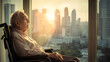 © 성환 이 - An elderly man sitting in a wheelchair looking out the window, with a shining future city in the background. His eyes contain both hope and deep regret about life