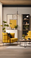 Wall Mural - Modern interior design of scandinavian apartment living room with yellow sofa sideboard and black armchair 3d animation rendering 4k animation