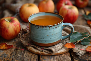 Mug of hot apple cider or tea on a rustic table