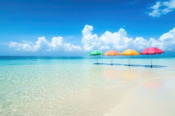 four colorful umbrellas in shallow blue ocean water