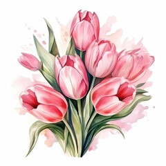 Wall Mural - Watercolor Painting of a Bouquet of Pink Tulips