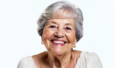 Wall Mural - Portrait of a happy senior woman smiling at camera over white background