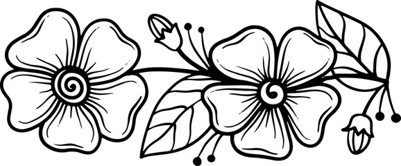 Wall Mural - Line art hand drawn flower. Flower with leaves sketch thin line outline illustration 