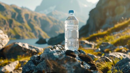  Water Bottle on Rocky Mountain Terrain

Description: A water bottle placed on a rock in a mountainous landscape with blurred mountains in the background. For Promotional Poster and Advertisement.