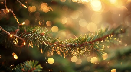 Close-up of pine tree branches adorned with warm glowing lights, creating a magical and festive Christmas atmosphere. Perfect for holiday decor.