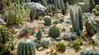 © ปฏิภาน ผดุงรัตน์ - A desert scene with many cacti and rocks. The cacti are in various sizes and shapes, and some of them have flowers