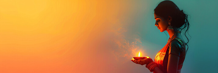 Woman in Indian dress holding a diya with flames. Digital illustration with rich colors and artistic style. Diwali celebration theme. Design for posters, banners, greeting cards. Copy space