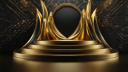 Wall Mural - Golden pedestal on black background. 3d rendering, mock up