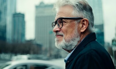 Sticker - Portrait of a senior man with grey beard and glasses in urban background