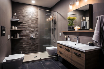 Wall Mural - A contemporary small bathroom featuring a sleek glass-enclosed shower, floating vanity with dual sinks, modern fixtures, and textured tile walls.