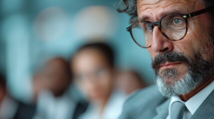 Mature man wearing glasses and a grey beard stands out with a serious expression, dressed in a grey suit in a blurred office meeting background, exuding professionalism.