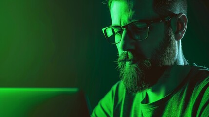 software developer with a laptop against a digital green background.
