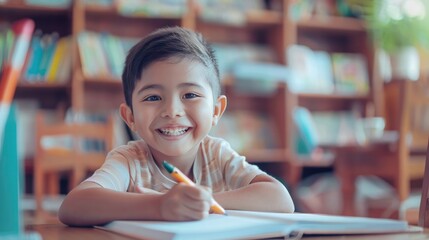 Wall Mural - a happy boy is sitting at the table and writing in his notebook, he smiles while looking into camera