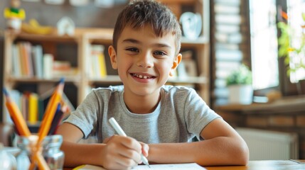 Wall Mural - a happy boy is sitting at the table and writing in his notebook, he smiles while looking into camera