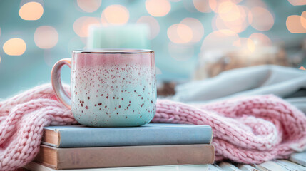 Mug on Stack of Books with Soft Pastel Background