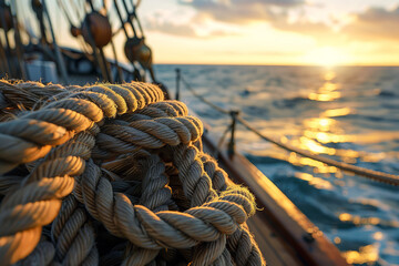 Sticker - Old Maritime Ropes on Sailing Ship Deck at Sunset