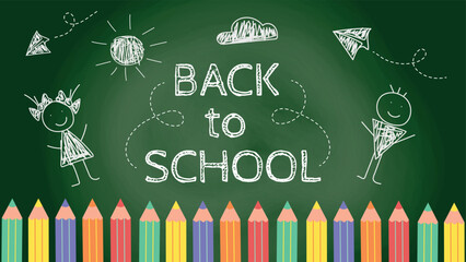 Wall Mural - Back to school chalkboard banner. Educational green board with children's drawings with chalk and colored pencils. Back to school banner with pencils