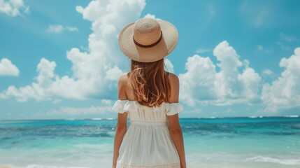 Aufkleber - A woman in a white summer outfit stands on a beach, gazing at the vibrant blue sky and ocean under the bright sun. Generative AI