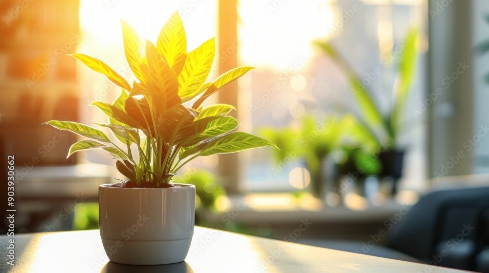 A potted plant sits on a table in a bright, sunny office. The plant is ...