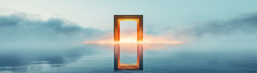 A surreal scene featuring an illuminated door standing in calm water, surrounded by mist and soft light, evoking mystery and exploration.