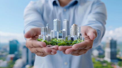 A person holds a miniature city model, symbolizing urban development and sustainability in a modern landscape.